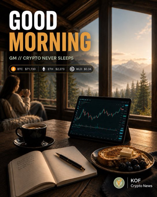 A "Good Morning / Crypto Never Sleeps" graphic featuring BTC at $71,730, ETH at $2,273, and WLD at $0.34, with a cozy scene of a woman by a window alongside a tablet showing charts, coffee, and breakfast.