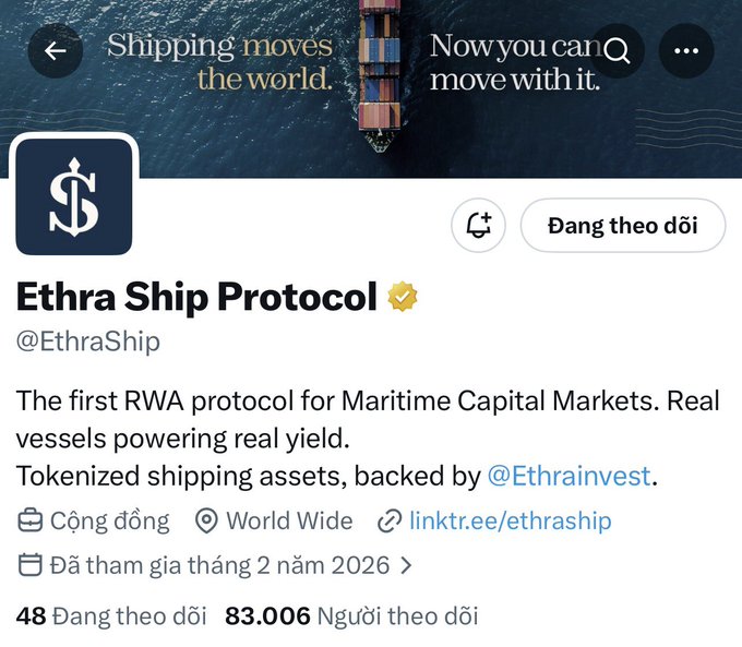 X/Twitter profile for Ethra Ship Protocol (@EthraShip), described as the first RWA protocol for Maritime Capital Markets with 83,006 followers.