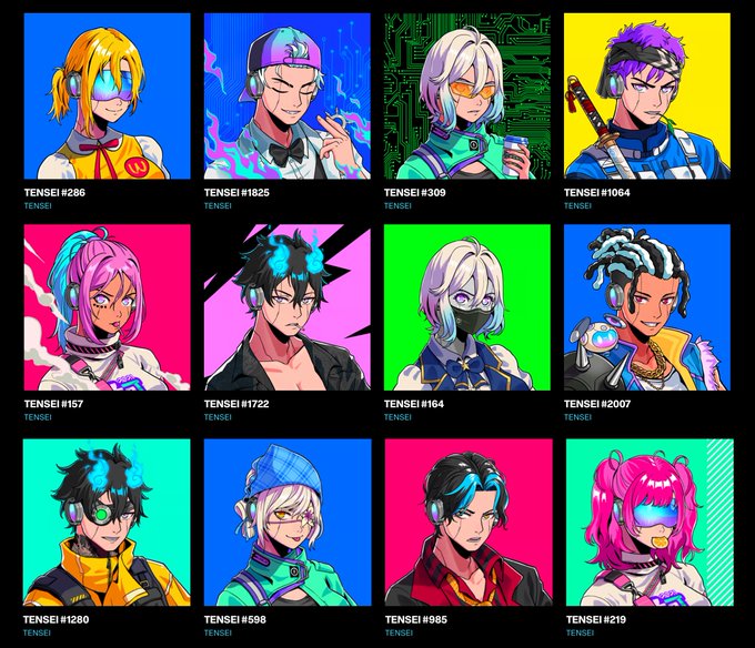 A grid of 12 colorful anime-style character NFT portraits labeled 'TENSEI' with various identification numbers (#286, #1825, #309, #1064, #157, #1722, #164, #2007, #1280, #598, #985, #219) against vibrant backgrounds.