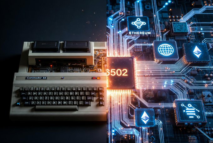 A Commodore 64 computer sits alongside a glowing circuit board featuring Ethereum logos and a chip labeled "6502," visually representing Maria's project to recreate a cycle-accurate MOS 6502 CPU on-chain using Yul. The image bridges classic computing hardware with blockchain infrastructure, illustrating the fusion of retro computing and decentralized technology.