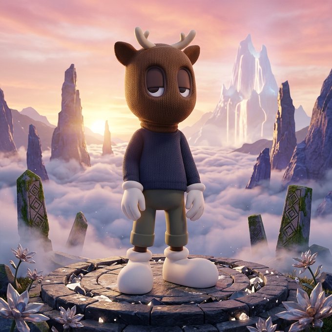 A 3D-rendered cute character with a brown knitted deer-like hood, blue sweater, and white gloves standing on a circular stone platform surrounded by floating crystals, with mountains and clouds at sunset in the background.