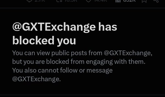 A screenshot shows a Twitter/X notification stating "@GXTexchange has blocked you," indicating the user can still view public posts but cannot engage, follow, or message the account, which aligns with the post's claim of being blocked by "scammer GXT."