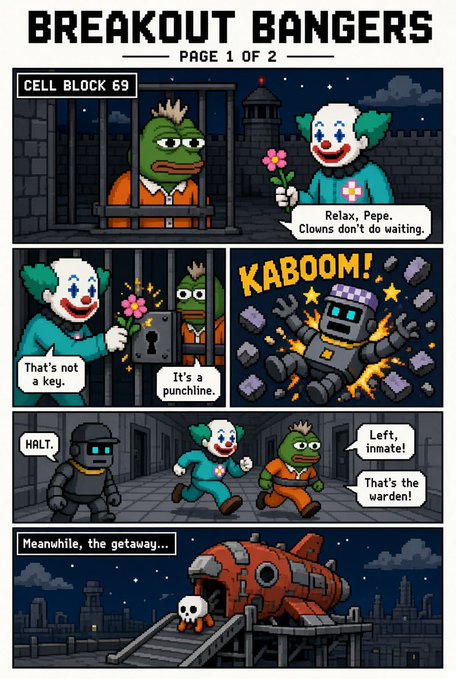 A pixel art comic titled 'BREAKOUT BANGERS PAGE 1 OF 2' featuring a clown and Pepe the Frog breaking out of Cell Block 69, ending with a getaway via a red submarine.