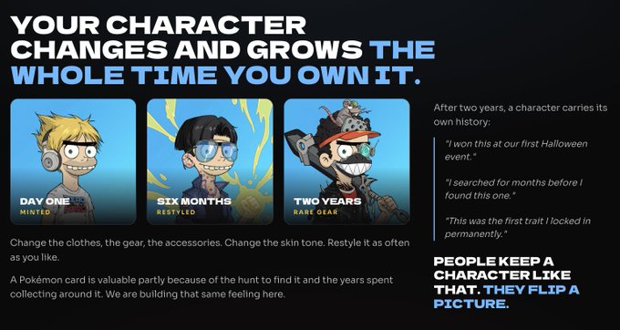 A promotional graphic showing character evolution over time with text 'YOUR CHARACTER CHANGES AND GROWS THE WHOLE TIME YOU OWN IT,' depicting a character at 'DAY ONE,' 'SIX MONTHS,' and 'TWO YEARS.'