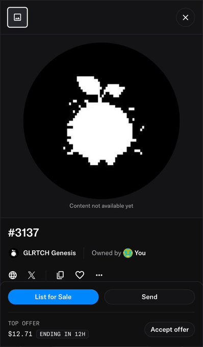 A digital collectible listing on a marketplace for item #3137 from the 'GLRTCH Genesis' collection, owned by the user, currently with a top offer of $12.71 ending in 12 hours.