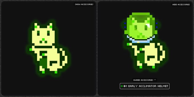 Pixel art comparison showing a green dinosaur character, with the right side displaying a '#1 Early Accimilator Helmet' accessory.