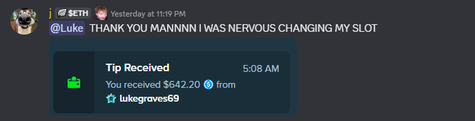 A Discord message from "SETH" thanking "@Luke" for his generosity, showing a tip received notification of $642.20 from "lukegraves69" at 5:08 AM. The image directly illustrates the post's claim of giving away $642 as a tip for a winning stream call.