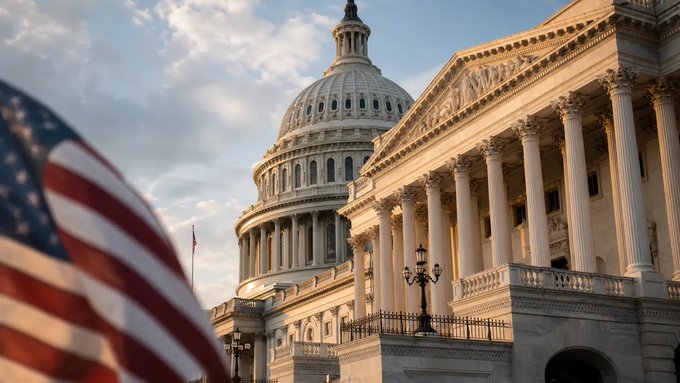 A U.S. flag waves in the foreground with the U.S. Capitol Building bathed in golden sunset light behind it, symbolizing American governmental power and authority.

The image visually reinforces the post's message by pairing the Capitol—a symbol of federal legislative action—with the flag, emphasizing the U.S. government's decisive move toward making crypto a core piece of national infrastructure through the Clarity Act hearing.