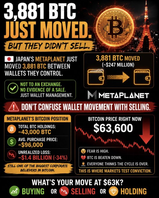 A bold orange-and-black graphic titled "3,881 BTC JUST MOVED" with a glowing Bitcoin coin and Tokyo Tower background, illustrating Metaplanet transferring $247 million worth of Bitcoin between internal wallets at BTC ~$63,600, clarifying that the move isn't a sale—paired with stats showing Metaplanet holds ~43,000 BTC at a $96,000 average price with an unrealized $1.4B loss.