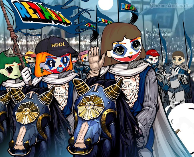 An anime-style illustration depicting a parody of classical paintings featuring meme characters including Pepe, Wojak, and Doge dressed as knights.