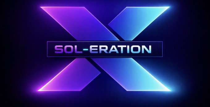 A stylized neon "X" logo in purple and blue gradient features the text "SOL-ERATION" across its center, serving as the visual brand identity for the "SOLERATION X era" mentioned in the post, which promotes the $SOLERX token. The futuristic, glowing design emphasizes the "X" branding and ties into the post's rallying message about a new crypto generation.