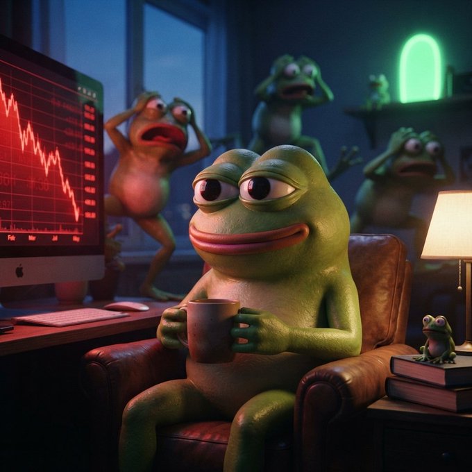 A frog sits calmly in a leather armchair holding a mug, while other panicked frogs react to a sharply declining red stock chart on a computer monitor in the background.