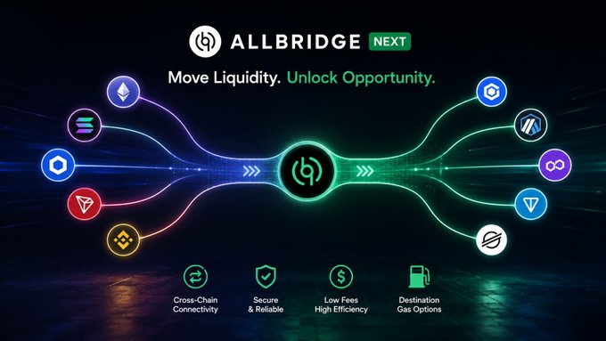 An Allbridge NEXT promotional graphic with the tagline 'Move Liquidity. Unlock Opportunity,' highlighting cross-chain connectivity features.