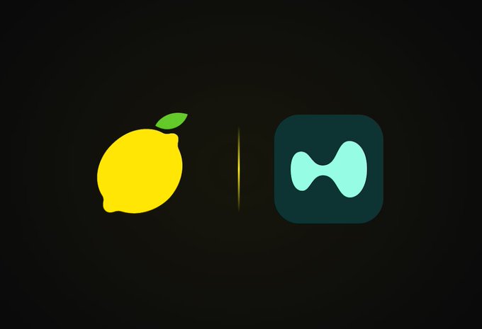 A black background displays the logos for a yellow lemon and a teal app icon with a light blue infinity-like symbol, separated by a vertical yellow line.