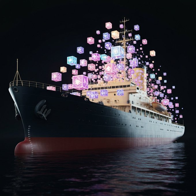 A digitally altered image of a large ocean liner at night with glowing colorful cubes emerging from its smokestacks.