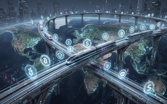 The image shows a futuristic cityscape with a large, curved highway running through its center. The highway is filled with numerous Bitcoins floating around, indicating a digital currency system or blockchain technology. The Bitcoin coins are scattered throughout the scene, some near the top of the curve and others closer to the bottom. The city itself appears to be made entirely out of glass, giving it an ethereal appearance. The post about the crypto wave suggests that this futuristic city is part of a larger digital economy where value is being transferred through blockchain technology or cryptocurrencies like Bitcoin.

The image also includes some text in the corner, which reads: "first crypto wave: → applications next wave: → settlement rails because scalable economies need scalable movement of value." This quote emphasizes the connection between the futuristic city and the digital currency system depicted in the image.