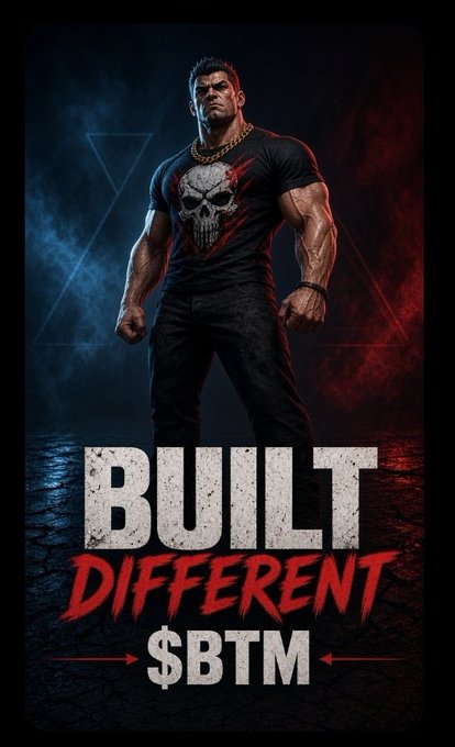 A stylized poster featuring a muscular man wearing a Punisher skull t-shirt, with text reading 'BUILT DIFFERENT $BTM'.