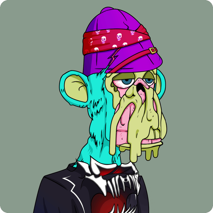 A digital illustration of a Bored Ape-style monkey character wearing a purple beanie with a red skull bandana, with a melting green face.