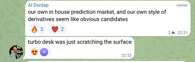 A Discord conversation where Al Dunlap (owner) suggests that an in-house prediction market and proprietary derivatives are obvious candidates, followed by another user saying "turbo desk was just scratching the surface." The exchange relates to the post's discussion about NetNetCap considering developing its own prediction market and derivatives to expand the Robinhood ecosystem on-chain.