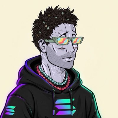 Digital illustration of a pale-skinned man with dark spiky hair, wearing reflective sunglasses, a beaded necklace, and a black hoodie with neon accents.