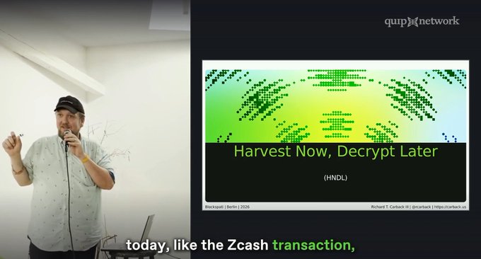 A split image showing a man in a patterned shirt and cap holding a microphone on the left, and a presentation slide on the right titled 'Harvest Now, Decrypt Later (HNDL)' from qup network, referencing quantum threats to cryptography.
