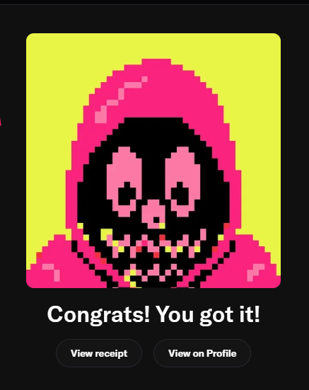 A digital congratulations screen featuring a pixel-art grim reaper character in a pink hoodie on a yellow background, with "Congrats! You got it!" text and buttons to "View receipt" and "View on Profile".