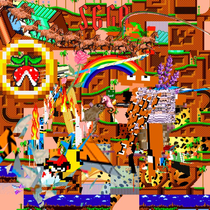 A chaotic, psychedelic digital collage combining retro video game assets, including a Yoshi-like character, a rainbow, pixelated blocks, and dinosaur sprites, with glitch effects.