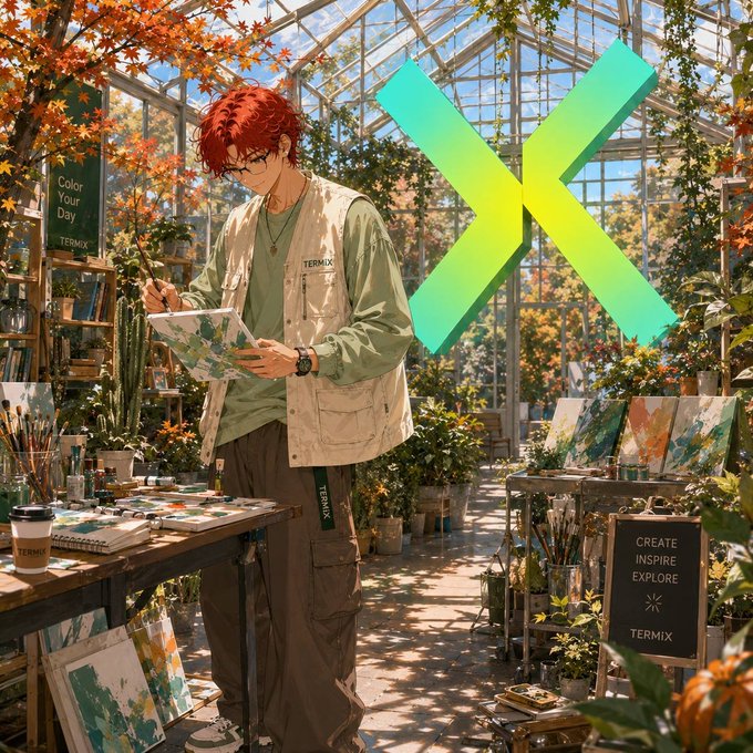 An anime-style illustration of a red-haired man painting in a sunlit greenhouse, with a large green 'X' symbol overlaid on the image.