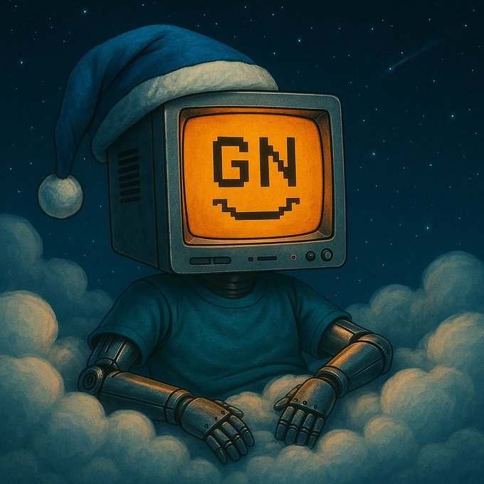 An illustrated character featuring a retro CRT monitor head with a pixelated smiley face and 'GN' text, wearing a blue Santa hat and resting on clouds against a starry night sky.