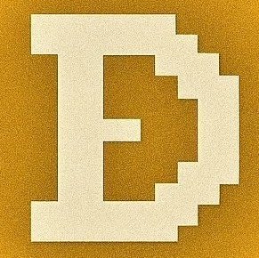 A stylized, blocky, pixel-art style letter 'E' in a cream color against a textured mustard yellow background.