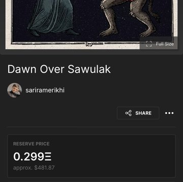 The image displays a digital artwork listing on SuperRare titled "Dawn Over Sawulak" by sariramerikhi, featuring a partial view of figures in flowing robes and textured boots against a starry backdrop, with a reserve price of 0.299 ETH (approximately $481.87). The accompanying post links to the auction page where viewers can place bids on the piece.