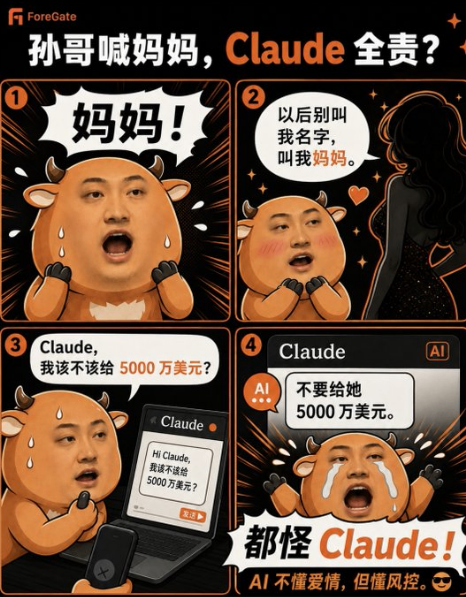 A four-panel Chinese-language comic by ForeGate titled '孙哥喊妈妈，Claude 全责？' (Brother Sun calls mom, is Claude fully responsible?) depicting a person asking Claude AI for relationship advice.