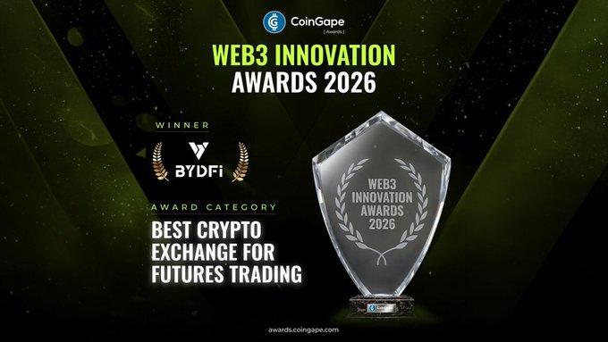 The image is a promotional graphic from CoinGape announcing BYDFi as the winner of the "Best Crypto Exchange for Futures Trading" award at the Web3 Innovation Awards 2026, featuring a crystal trophy and the CoinGape and BYDFi logos against a dark background. The accompanying post celebrates BYDFi's achievement, directly aligning with the award recognition shown in the graphic.