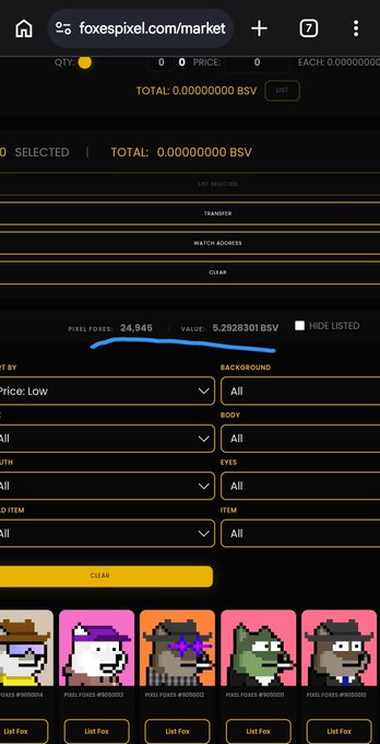 A mobile screenshot of the foxespixel.com/market website showing a NFT marketplace interface for 'Pixel Foxes' with filters for Price, Background, Body, Eyes, and Item, listing 24,945 pixel foxes.