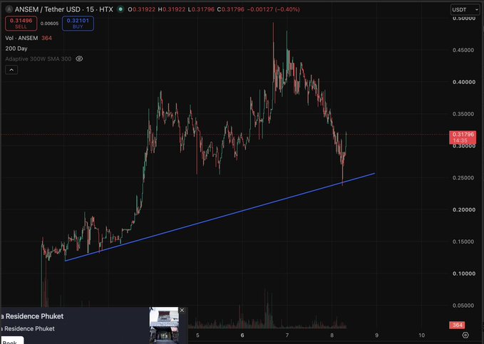 The image shows a candlestick chart of ANSEM/Tether USD (ANSEM) on a 15-minute timeframe, currently trading at 0.31922 with a 200-day moving average at 0.31496, displaying a blue uptrend trendline that the price has bounced off perfectly. This technical setup supports the post's bullish outlook, suggesting ANSEM could rally back to its all-time highs, especially if Solana sees upward momentum.