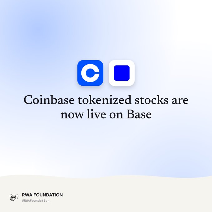 An announcement graphic from RWA Foundation stating 'Coinbase tokenized stocks are now live on Base', featuring the Coinbase and Base logos.