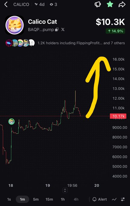 A trading app screenshot showing the Calico Cat (CALICO) token with a price of $10.3K, up 14.9%, with a yellow hand-drawn arrow pointing upward on the price chart.