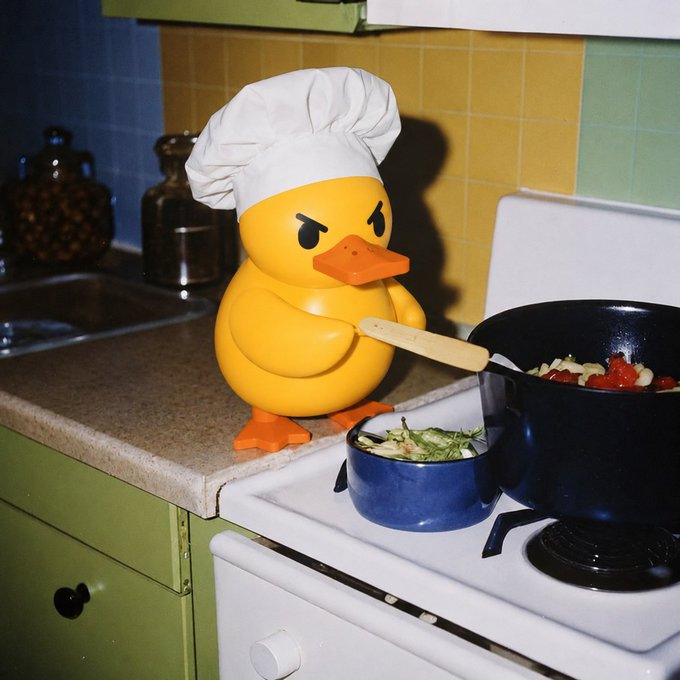 A yellow rubber duck wearing a white chef's hat stands on a kitchen counter holding a wooden spoon, with pots of food on the stove nearby.