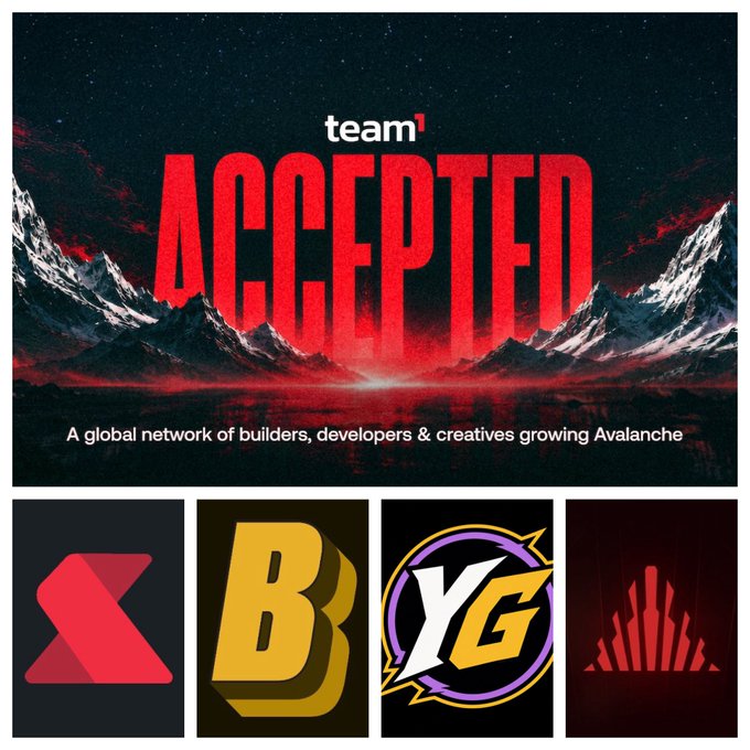 The image showcases a bold promotional graphic for "team¹ ACCEPTED," described as "A global network of builders, developers & creatives growing Avalanche," featuring dramatic mountain imagery with red lighting accents. Below the main banner are four distinct logos, likely representing Avalanche ecosystem projects such as Blaze and The Grotto mentioned in the post, celebrating new community members joining the AVAX network.