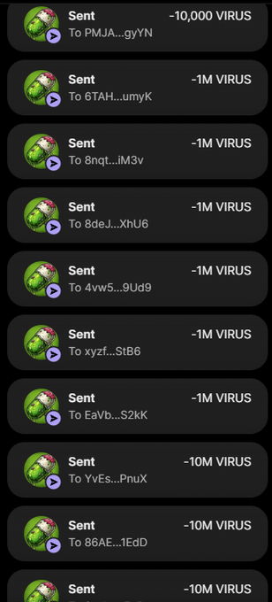A screenshot of a mobile interface displays multiple transaction records showing 'Sent' VIRUS tokens in amounts ranging from -10,000 to -10M VIRUS to various recipient addresses.