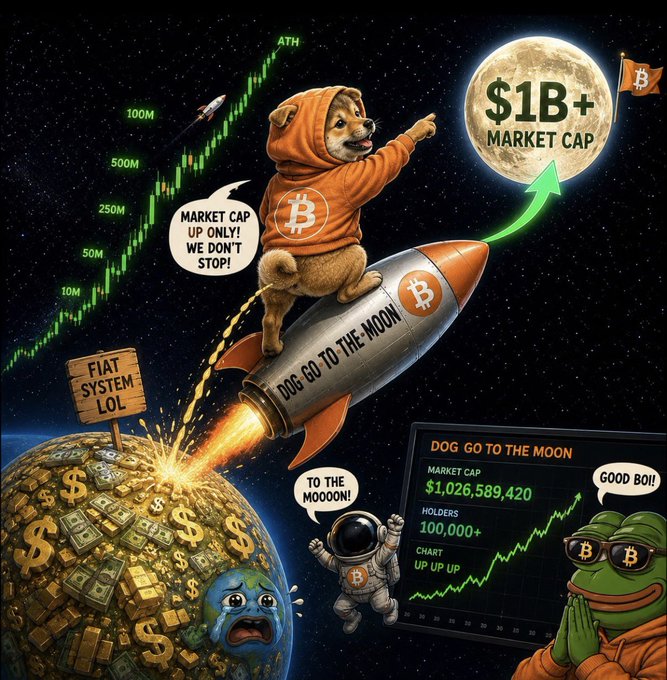 The image features a dog wearing an orange sweater riding a rocket ship that's heading towards Bitcoin, with the words "dog go to moon" written on it. This cartoon takes place against the backdrop of a night sky filled with stars, giving it a sense of adventure and exploration. The surrounding environment includes various elements such as dollar signs, market cap charts, and market graphs which suggest that this image is related to the Bitcoin space or cryptocurrency market.