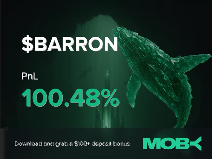 A promotional graphic for Moby Mobile displays a trader named $BARRON achieving a PnL of 100.48%, featuring a whale emerging from underwater imagery in green tones, with a call-to-action at the bottom offering a $100+ deposit bonus for downloading the app. The image visually celebrates the trading win highlighted in the post, showing the impressive return on the $BARRON position as the token's market cap grew from $79.14K to $304.76K.