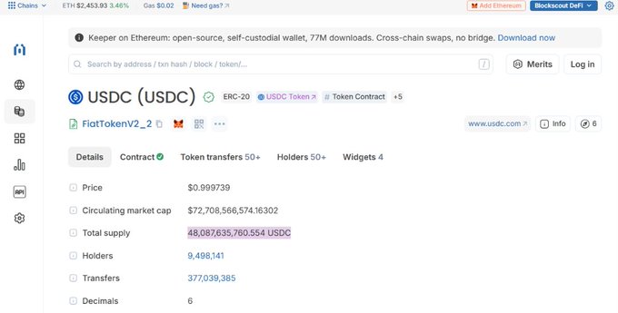 A screenshot from Etherscan displaying details for the USDC (USDC) ERC-20 token, including a price of $0.999739, a circulating market cap of $72,708,566,574.16302, and a total supply of 48,087,635,760.554 USDC.