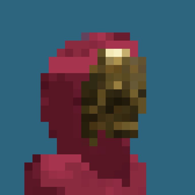 Pixel art portrait in low resolution showing a figure in red/pink tones with brown and yellow facial features against a teal background.