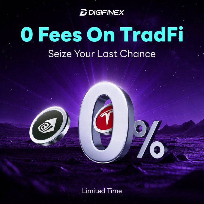 A Digifinex promotional graphic featuring '0 Fees On TradFi' and 'Seize Your Last Chance' with a large 3D '0%' sign against a purple cosmic background.