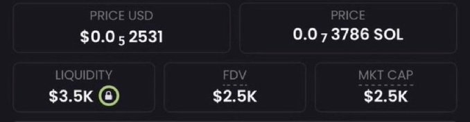 A cryptocurrency price tracker showing a token priced at $0.0₅2531 (0.0₇3786 SOL) with $3.5K liquidity and a $2.5K market cap/FDV—consistent with the post's promise to launch a memecoin with a sub-$10K market cap, where the creator would buy 50% of the supply and airdrop the rest to participants.