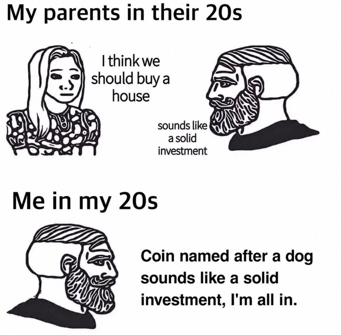 A meme contrasting 'My parents in their 20s' buying a house versus 'Me in my 20s' investing in a 'Coin named after a dog' as a solid investment.