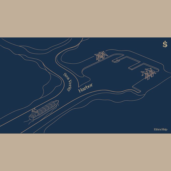 An illustrated map of Ethra Ship and Sea Ferry Harbor, featuring a line drawing of a ship, harbor docks, and text labels including "Sea Ferry Harbor" and "Ethra Ship" on a navy background with cream borders.