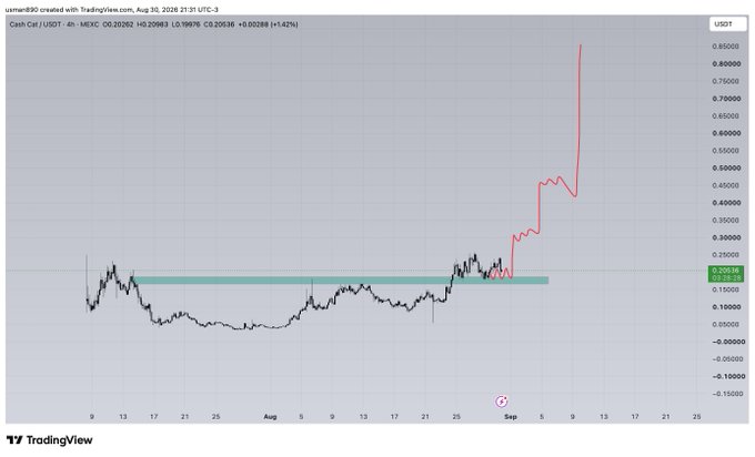 A TradingView 4-hour chart for the CASH/USDT pair on MEXC shows the price consolidating sideways within a highlighted green zone around $0.25-0.30 since mid-July 2026, followed by a sharp breakout above $0.85 in early September. This visualizes the "$cashcat consolidation before next leg up" narrative, where the prolonged sideways accumulation phase ultimately resolved into a powerful upside breakout.