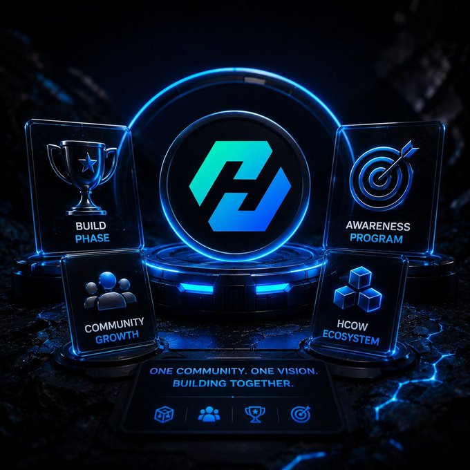 A futuristic 3D graphic for a crypto project featuring a central blue logo surrounded by icons labeled "BUILD PHASE", "AWARENESS PROGRAM", "COMMUNITY GROWTH", and "HCOW ECOSYSTEM", with the tagline "ONE COMMUNITY. ONE VISION. BUILDING TOGETHER."